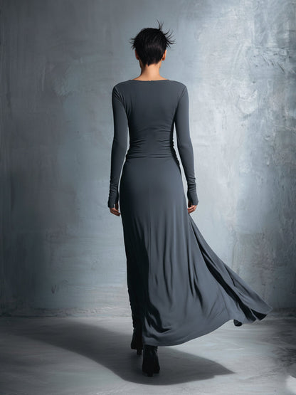 Women's Gray Exquisite Stretch Blended Fabric Wrap Dress - Knotted Maxi Dress MDA1401H9I