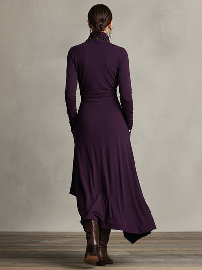 Women's Purple Bohemian Cotton Stretch Turtleneck Asymmetrical Draped Maxi Dress MDA2055J9I