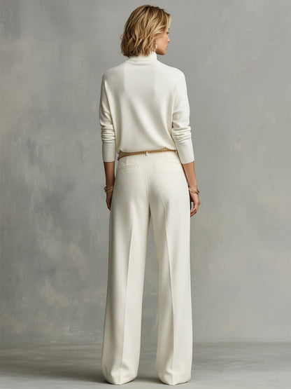 Women's Cream Soft Knit Chic Turtleneck Top & Flowy Wide-Leg Pant Set MDA0185K5I