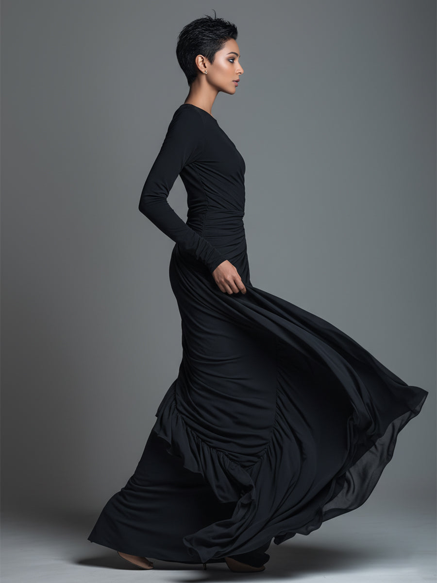 Women's Black Elegant Jersey Knit Ruched Maxi Dress MDA1541H1I