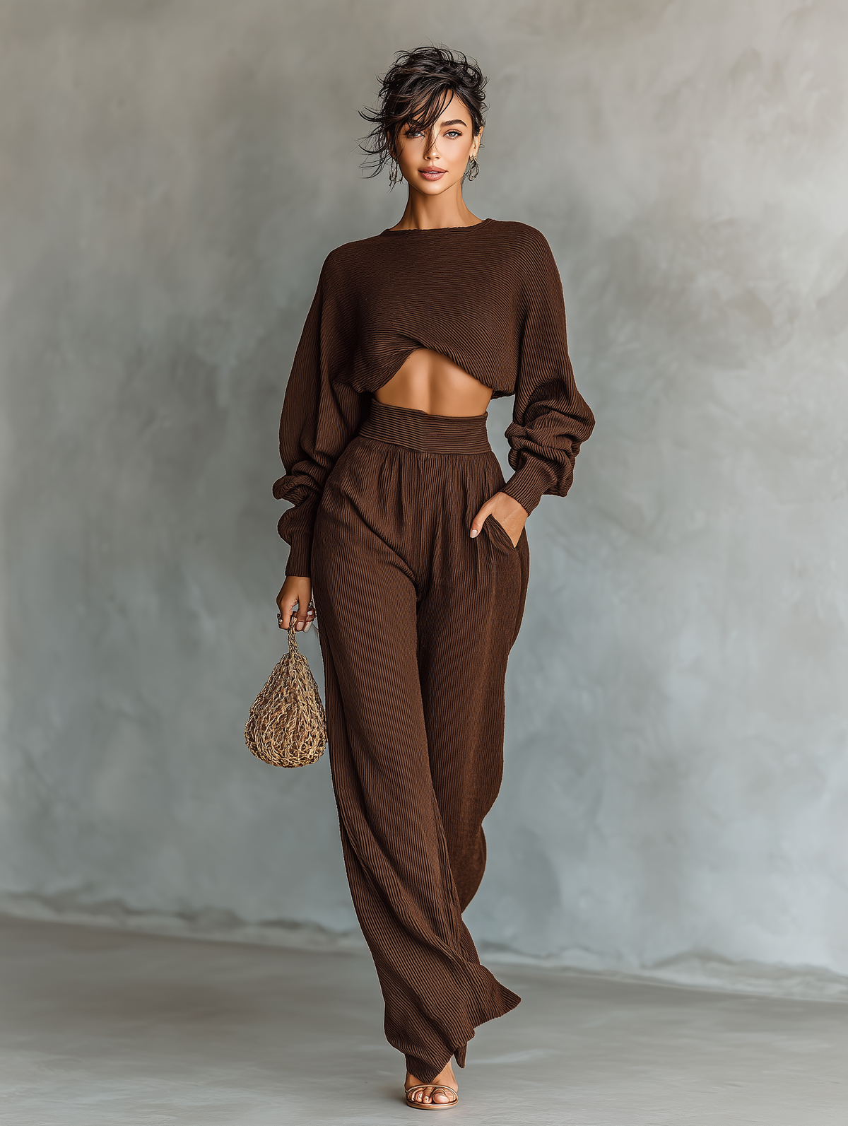 Women's Coffee-colored Short Top And Wide-leg Pants Knitted Set MDA3000G6T