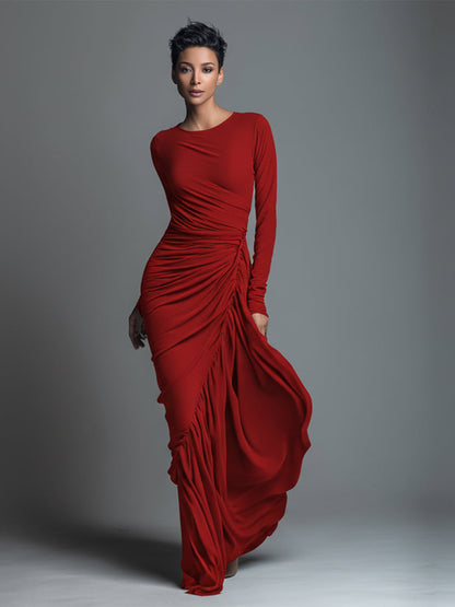Women's Black Elegant Jersey Knit Ruched Maxi Dress MDA1541H1I