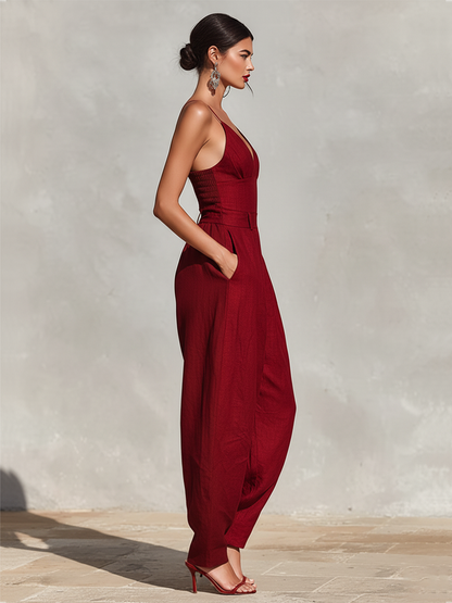 Women's Red Linen Jumpsuit With Spaghetti Straps & High-Waisted Pleated Pants, Timeless Romantic-Elegant Style Jumpsuit MDZ1915C8I